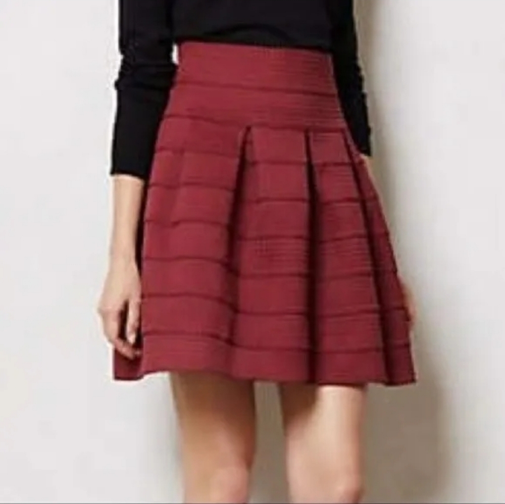 Anthropologie Girls From Savoy High-Waisted Textured Burgundy Skater Skirt
